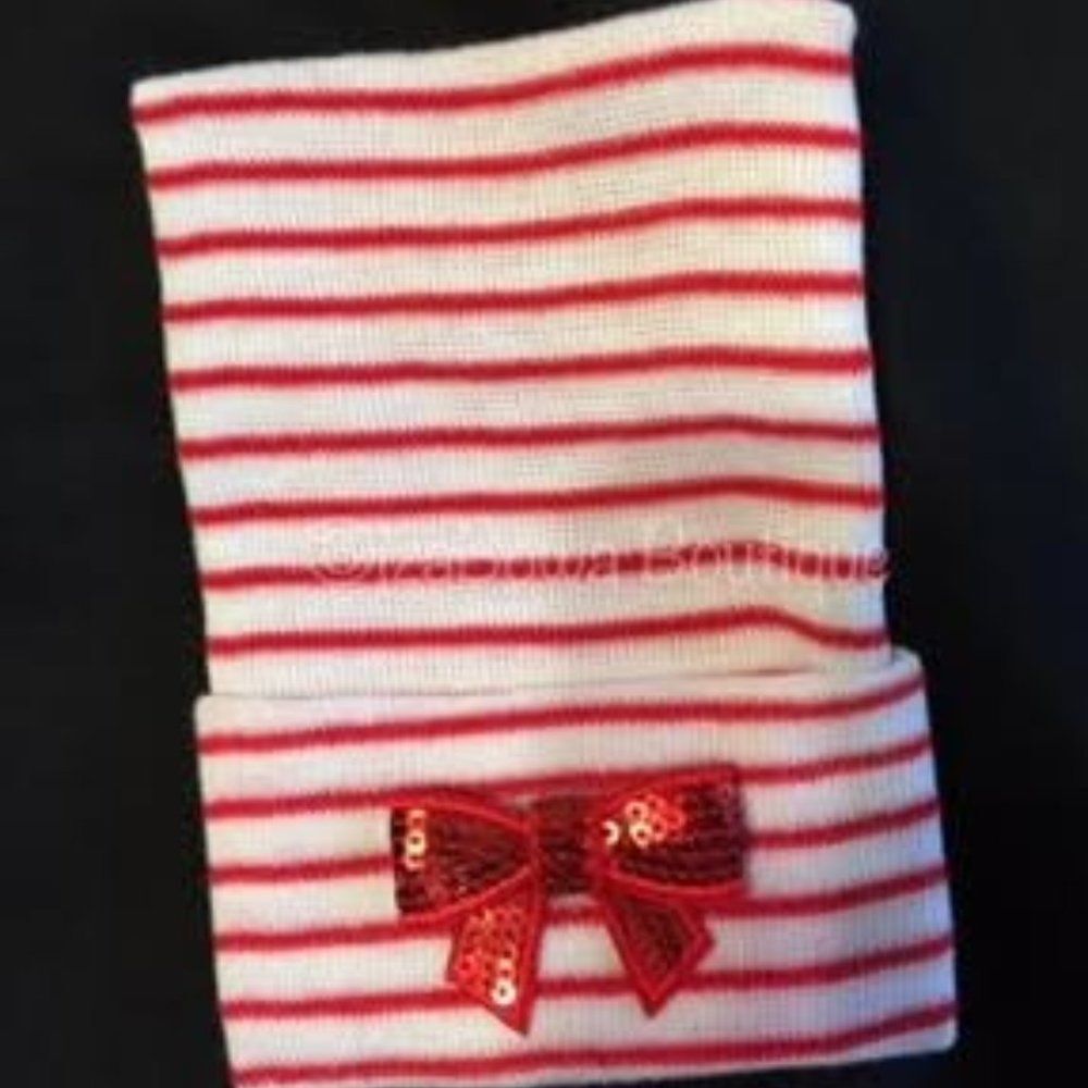 Red and White Newborn Hat with Red Sequin Bow NB409 Handmade NWT Boutique